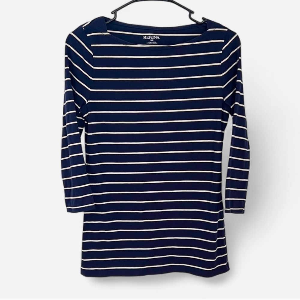 Merona Women's Navy Blue and White Striped 3/4 Sleeve Top